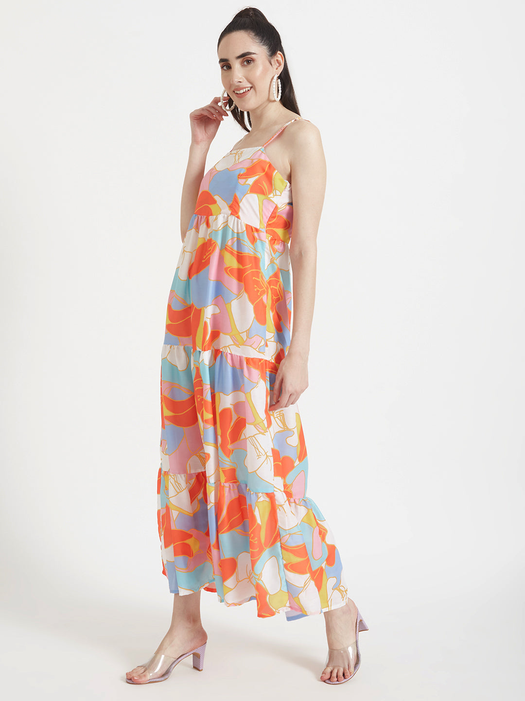 Premium Muslin Digital Print  Shoulder Strap Maxi Dress With Slash Pocket