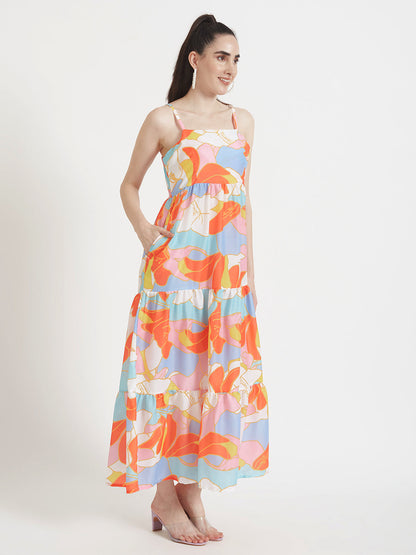 Premium Muslin Digital Print  Shoulder Strap Maxi Dress With Slash Pocket