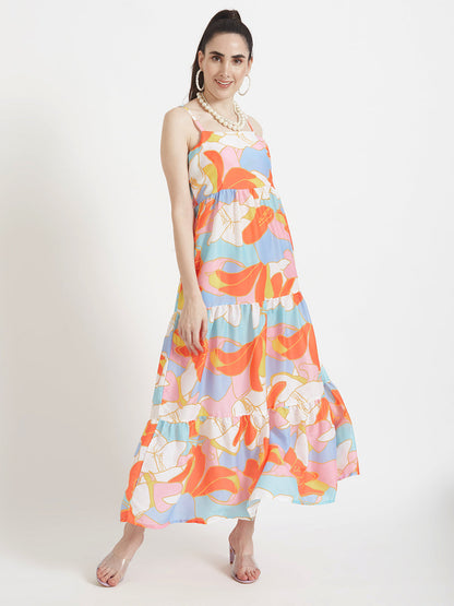 Premium Muslin Digital Print  Shoulder Strap Maxi Dress With Slash Pocket
