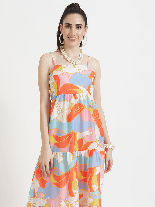 Premium Muslin Digital Print  Shoulder Strap Maxi Dress With Slash Pocket