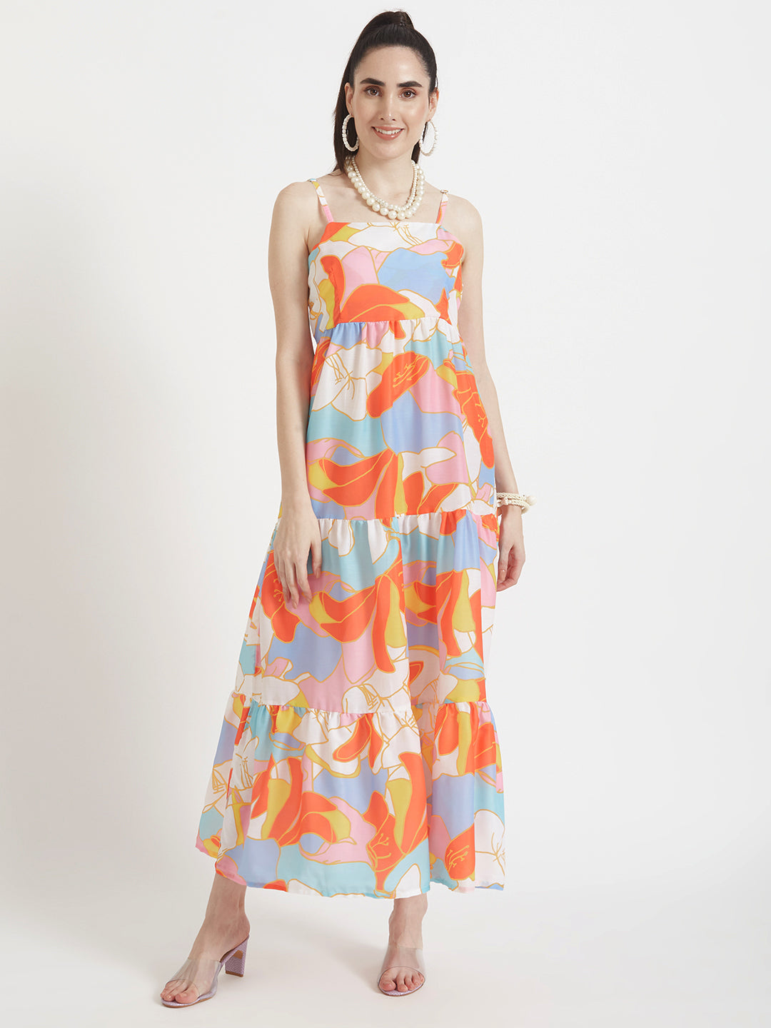Premium Muslin Digital Print  Shoulder Strap Maxi Dress With Slash Pocket