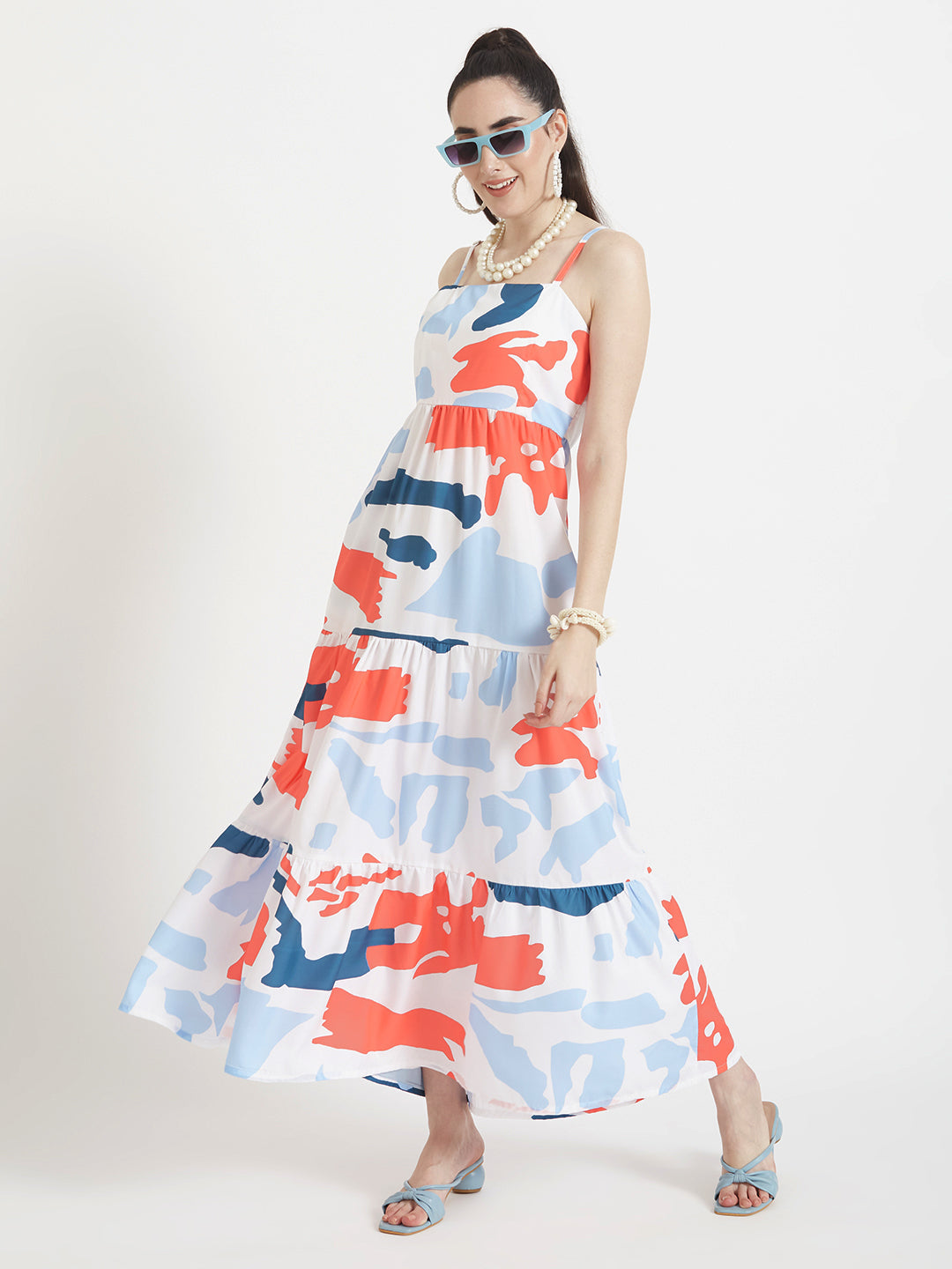 Premium American Crepe Digital Print  Shoulder Strap Maxi Dress With Slash Pocket