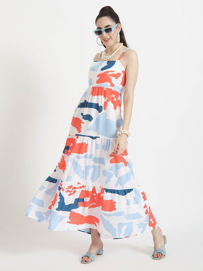 Premium American Crepe Digital Print  Shoulder Strap Maxi Dress With Slash Pocket