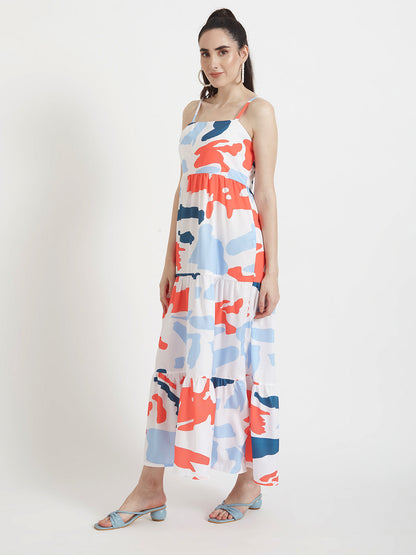 Premium American Crepe Digital Print  Shoulder Strap Maxi Dress With Slash Pocket