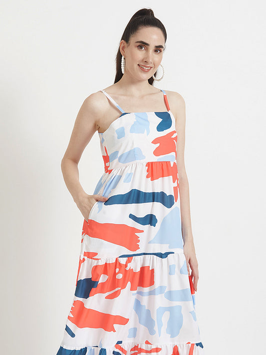 Premium American Crepe Digital Print  Shoulder Strap Maxi Dress With Slash Pocket
