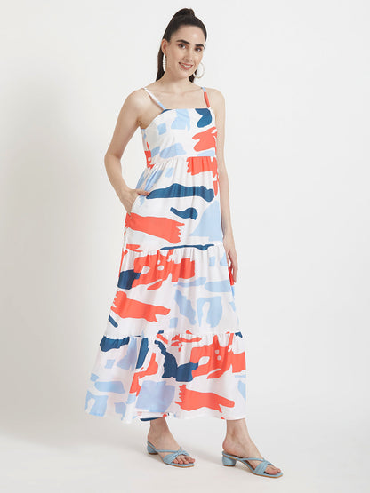 Premium American Crepe Digital Print  Shoulder Strap Maxi Dress With Slash Pocket
