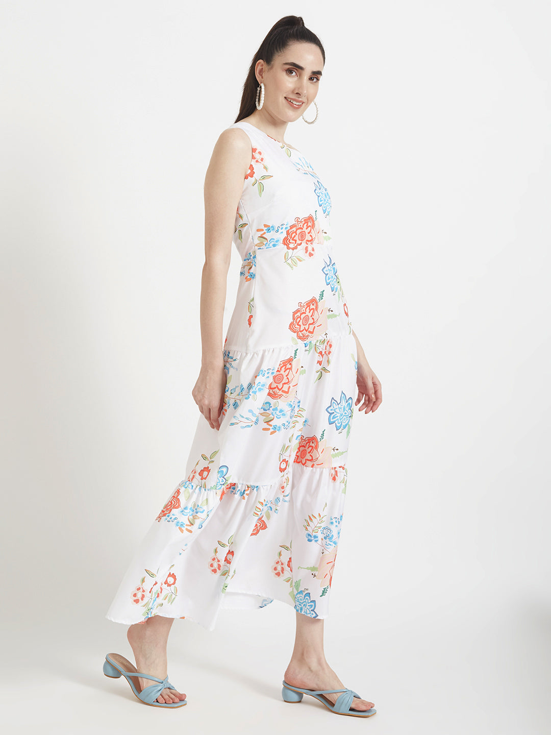 Premium Micro Digital Print  Flare Maxi Dress With Slash Pocket