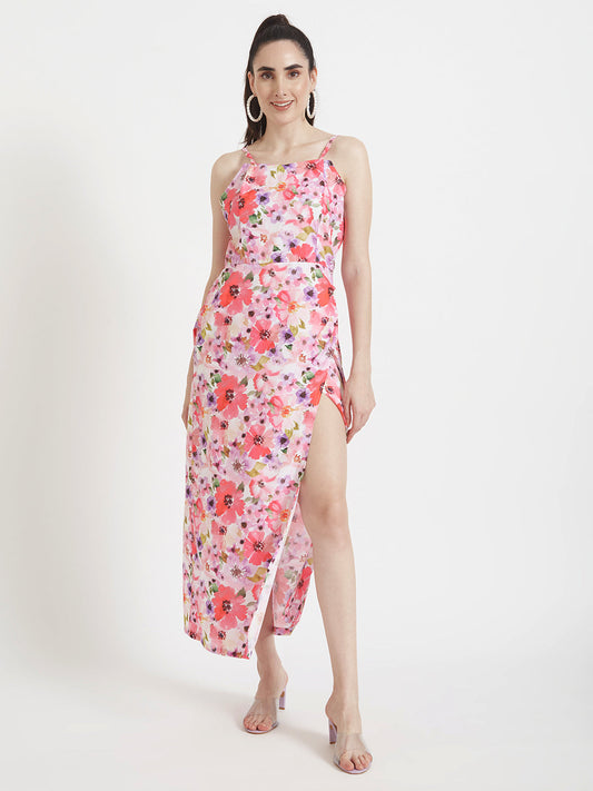 Premium American Crepe Digital Print  Maxi Dress With Slash Pocket
