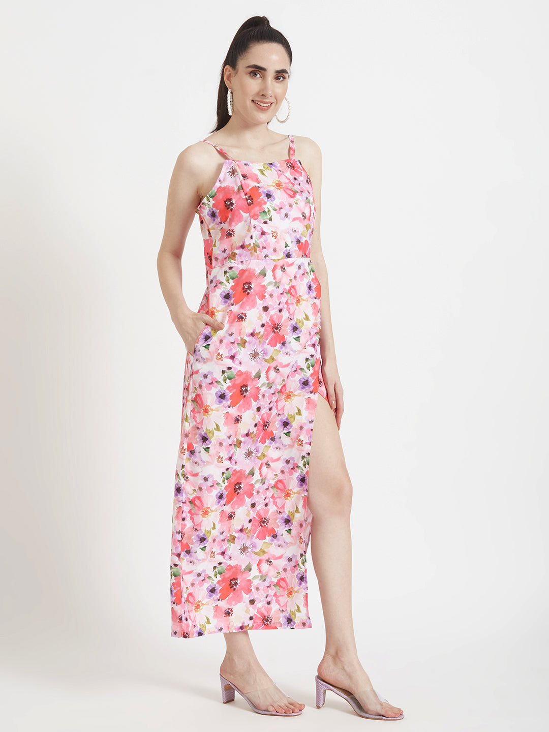 Premium American Crepe Digital Print  Maxi Dress With Slash Pocket