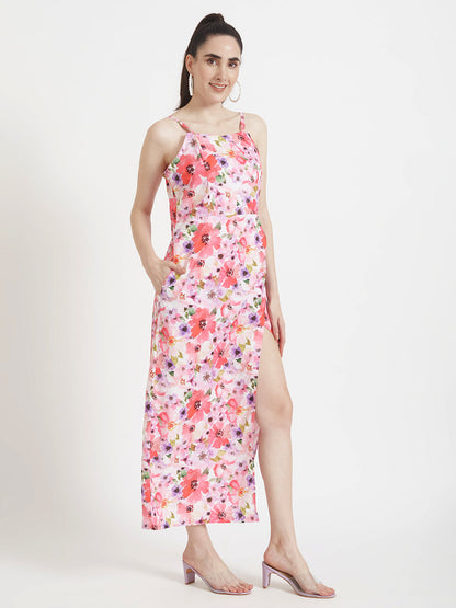 Premium American Crepe Digital Print  Maxi Dress With Slash Pocket