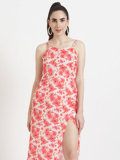 Luxury  Satin Digital Print  Maxi Dress With Slash Pocket