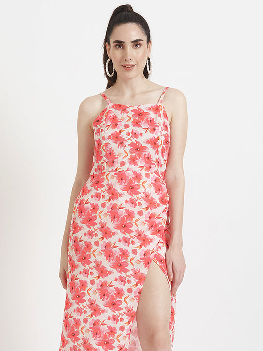 Luxury  Satin Digital Print  Maxi Dress With Slash Pocket