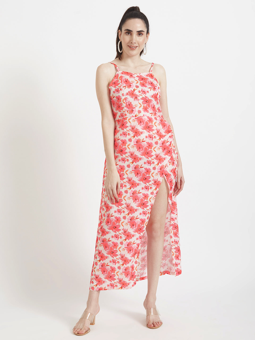 Luxury  Satin Digital Print  Maxi Dress With Slash Pocket