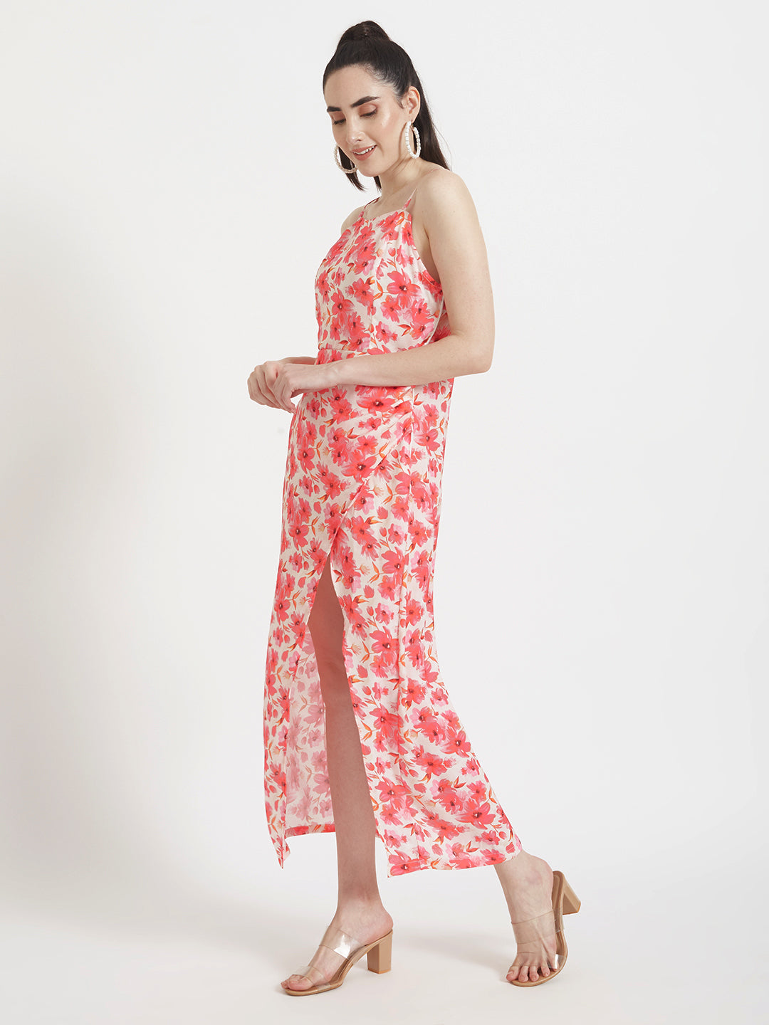 Luxury  Satin Digital Print  Maxi Dress With Slash Pocket