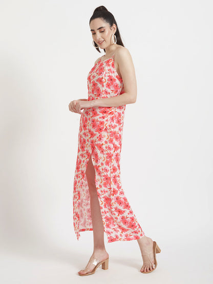 Luxury  Satin Digital Print  Maxi Dress With Slash Pocket
