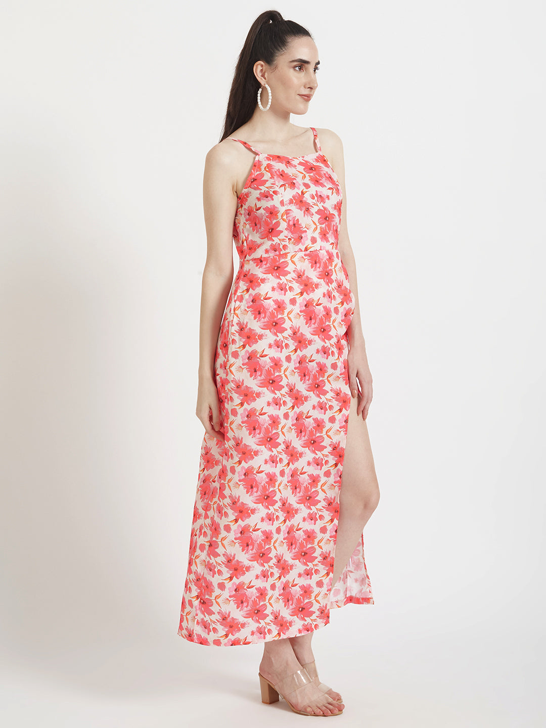 Luxury  Satin Digital Print  Maxi Dress With Slash Pocket