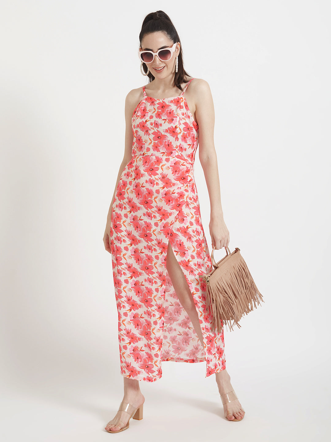Luxury  Satin Digital Print  Maxi Dress With Slash Pocket