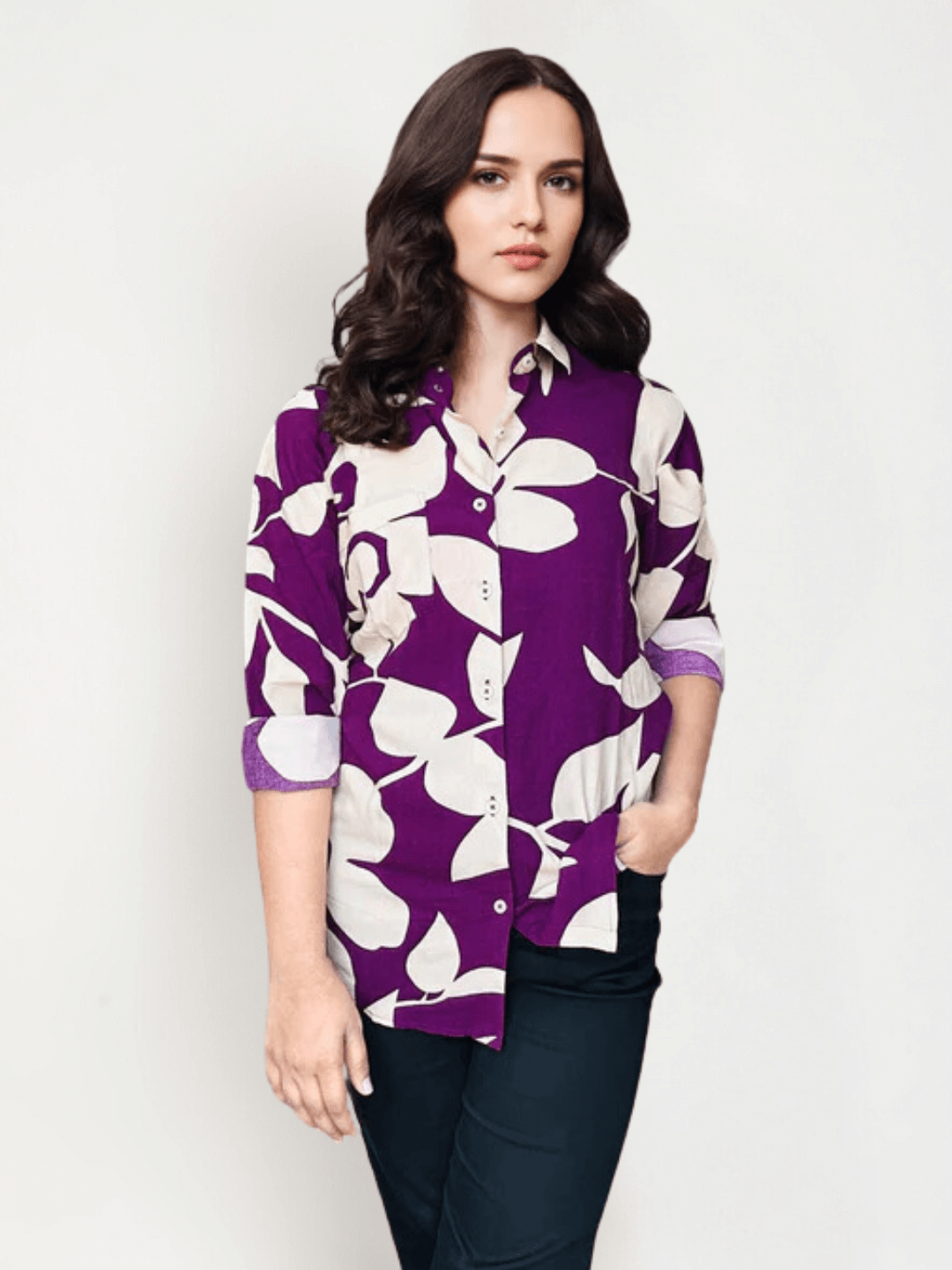 Women'S  Premium Rayon Shirt With Purple Floral Print