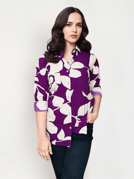 Women'S  Premium Rayon Shirt With Purple Floral Print