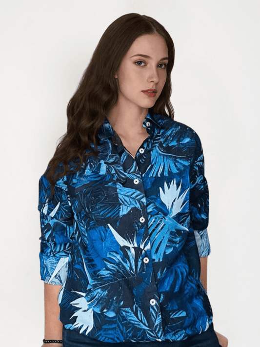 Women'S  Premium Rayon Shirt With Tropical Blue Print