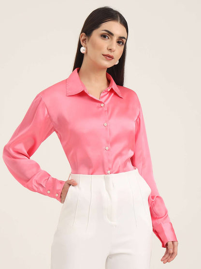 Bubblegum Pink Regular Fit Summer Satin Shirt
