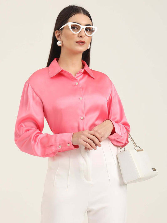 Bubblegum Pink Regular Fit Summer Satin Shirt