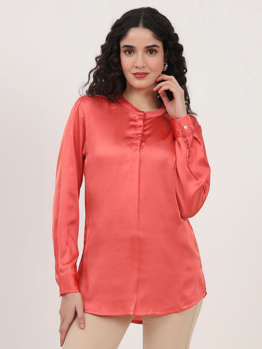 Summer Satin Coral Front Pleated Tunic