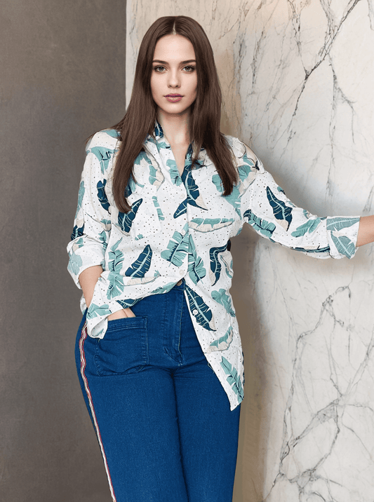 Women'S Rayon Shirt With Classic White & Green Tropical Print