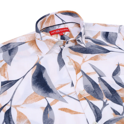 Women'S  Premium Rayon Shirt With Blue And Orange Leaf Print