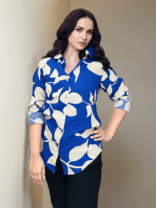 Women'S Premium Rayon Shirt With Blue Floral Print