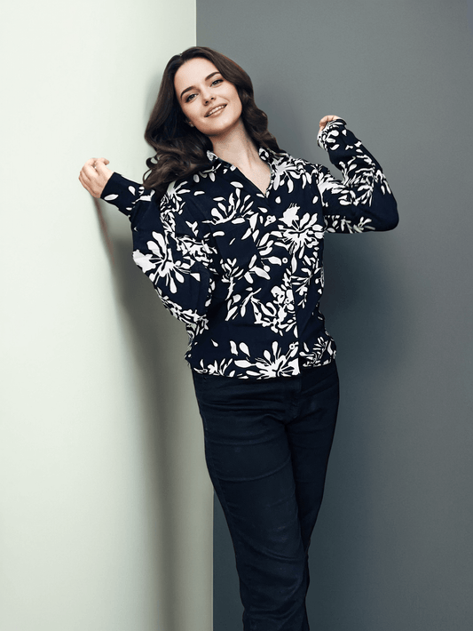 Women'S Premium Rayon Shirt With Navy Floral Print