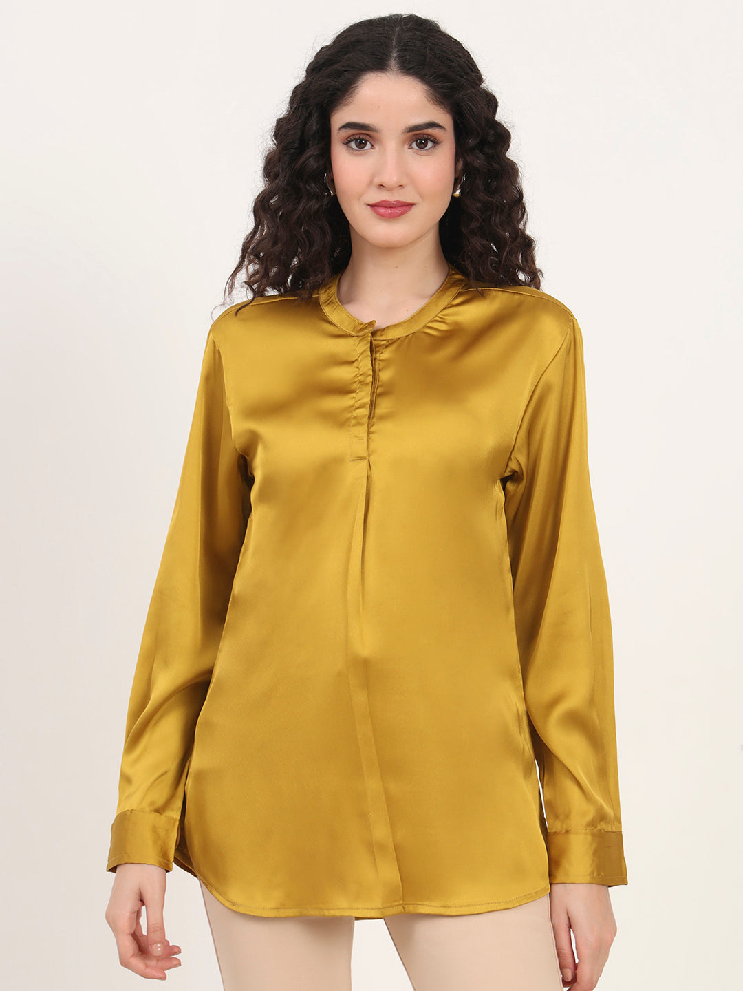 Summer Satin Mettalic Gold Front Pleated Tunic