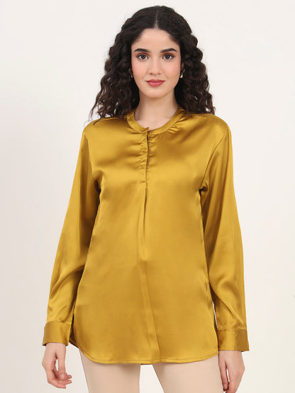 Summer Satin Mettalic Gold Front Pleated Tunic