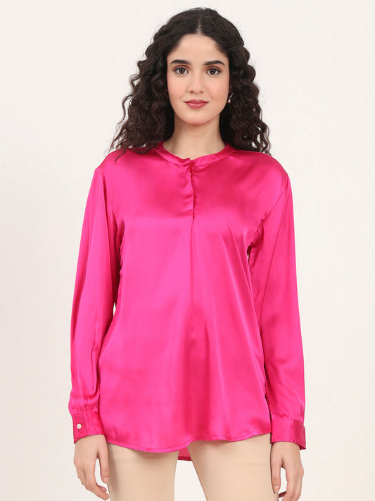 Summer Satin Magenta Front Pleated Tunic