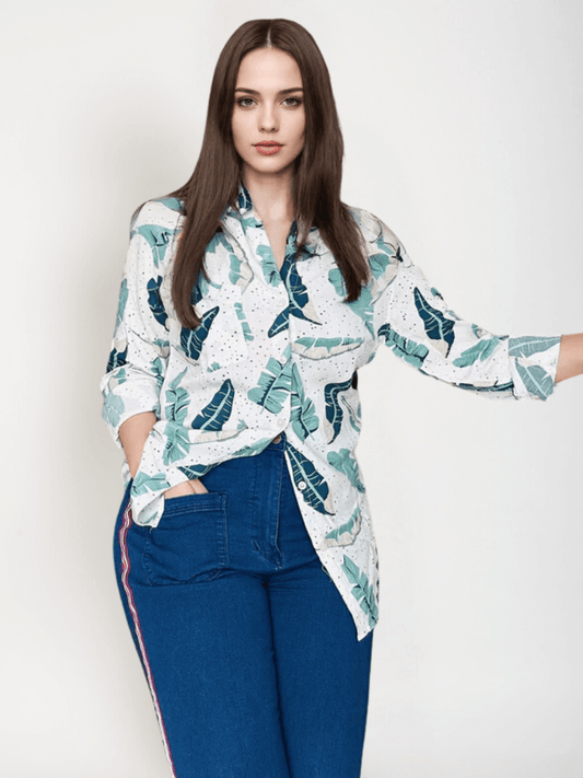 Women'S Rayon Shirt With Classic White & Green Tropical Print