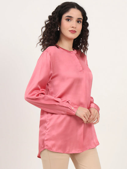 Summer Satin Rose Pink Front Pleated Tunic