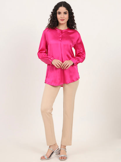 Summer Satin Magenta Front Pleated Tunic