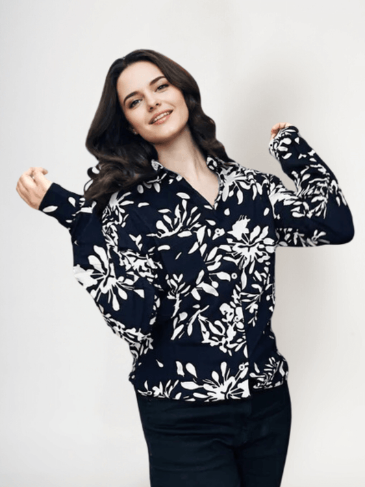 Women'S Premium Rayon Shirt With Navy Floral Print