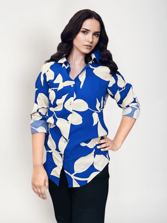 Women'S Premium Rayon Shirt With Blue Floral Print