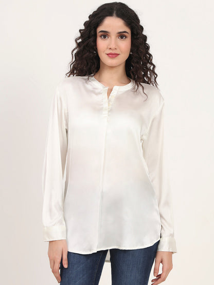 Summer Satin Off White Front Pleated Tunic