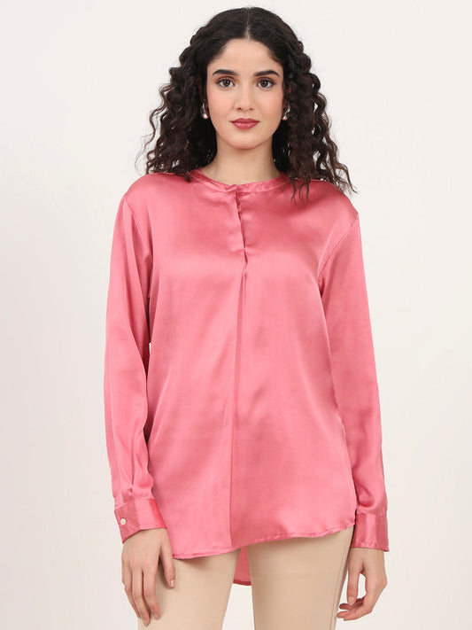 Summer Satin Rose Pink Front Pleated Tunic