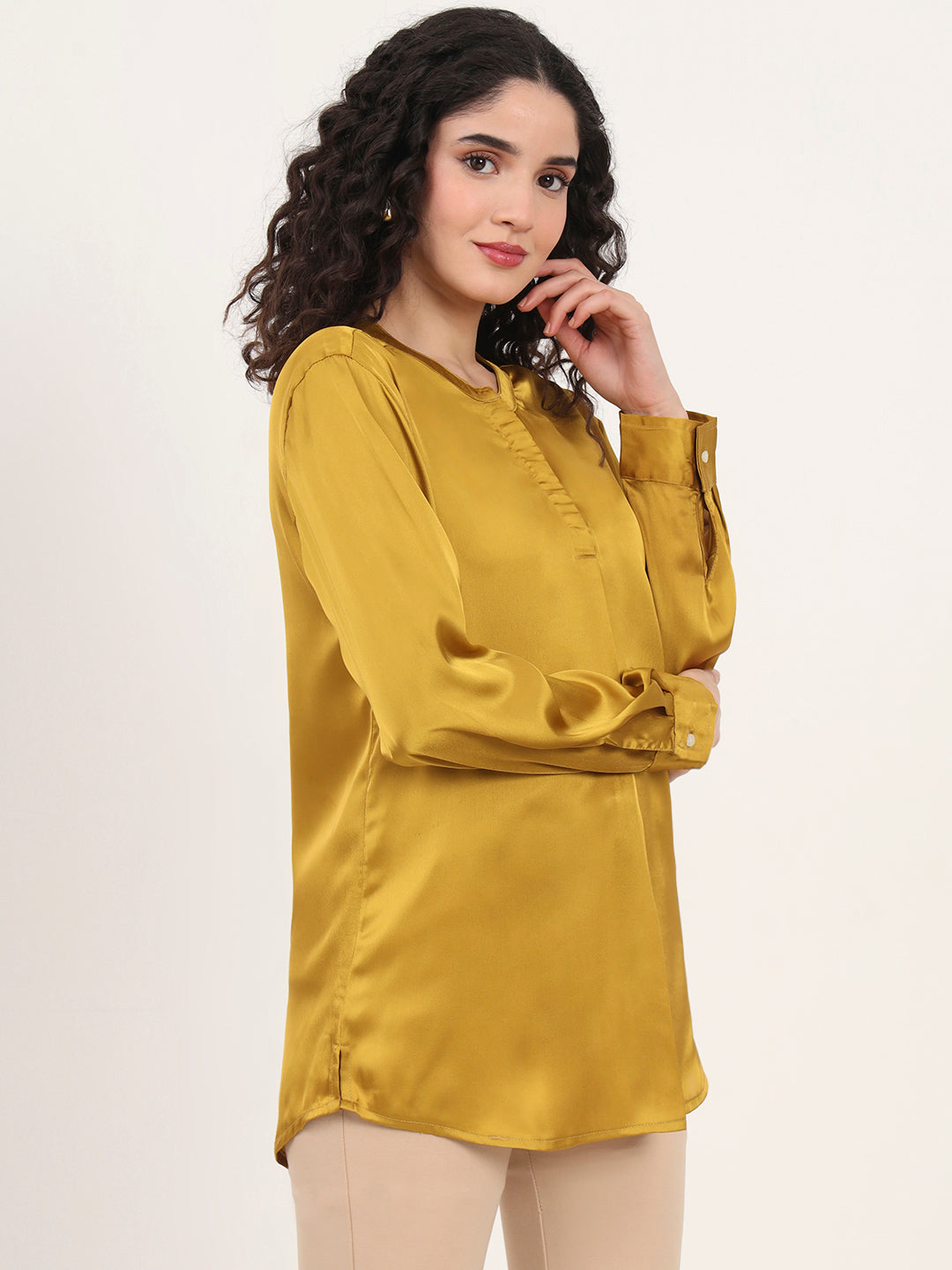 Summer Satin Mettalic Gold Front Pleated Tunic