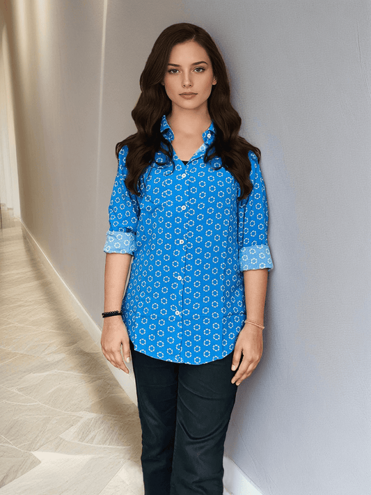 Women'S Premium Rayon Shirt With Blue Block Print