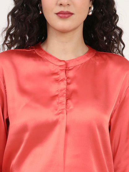 Summer Satin Coral Front Pleated Tunic
