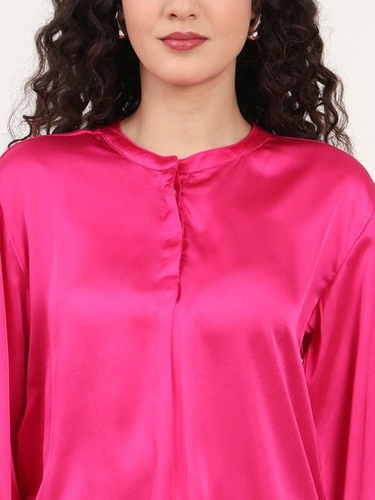 Summer Satin Magenta Front Pleated Tunic