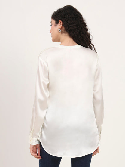 Summer Satin Off White Front Pleated Tunic