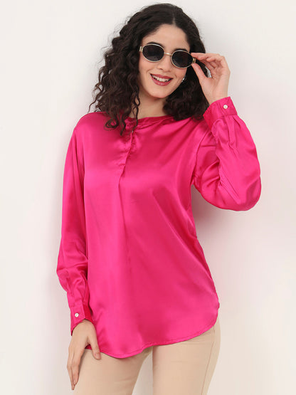 Summer Satin Magenta Front Pleated Tunic