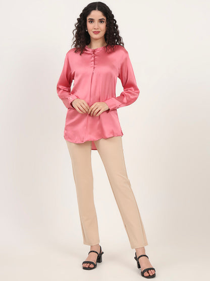 Summer Satin Rose Pink Front Pleated Tunic