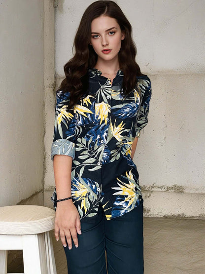 Women'S Premium Rayon Shirt With Jungle Print In Full Sleeve And Black Color