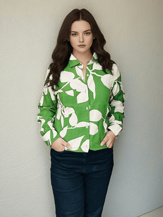 Women'S Premium Rayon Casual Shirt With Green Floral Print